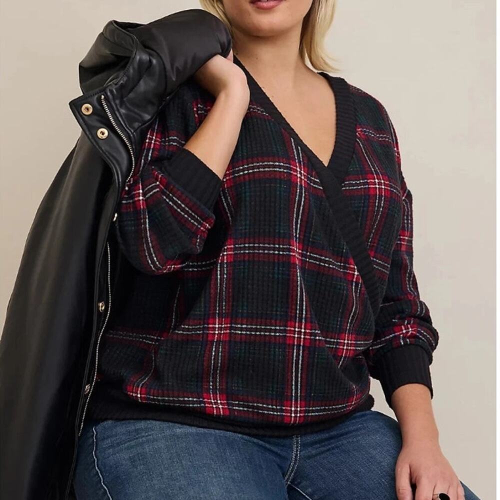 Torrid Womens Plaid Waffle Knit Surplice Top Plus Size 2X Dark Academia Grunge